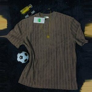Brown Crew Neck Jersey with Ribbed Texture